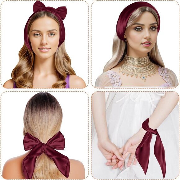 Women Wine Red Chiffon Square Ribbon Neck Scarf Satin Handkerchief For Halloween - Picture 3 of 7